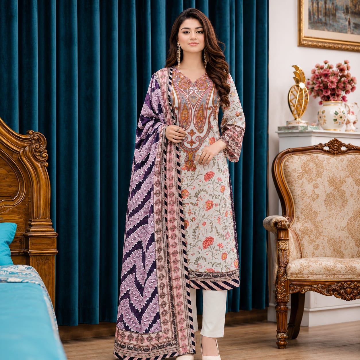 Grey and White Coco Lawn Cotton